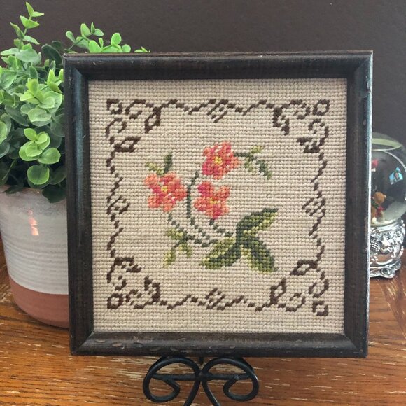Other - Midcentury Crewel Needlepoint Flowers Framed Picture